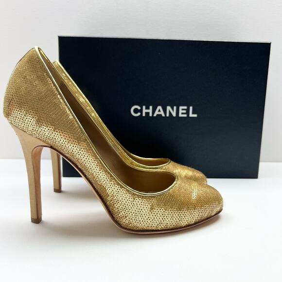 CHANEL Interlocking CC Sequins Round Toe Pumps EU 40 US 9.5-10 High Heels - Picture 1 of 13